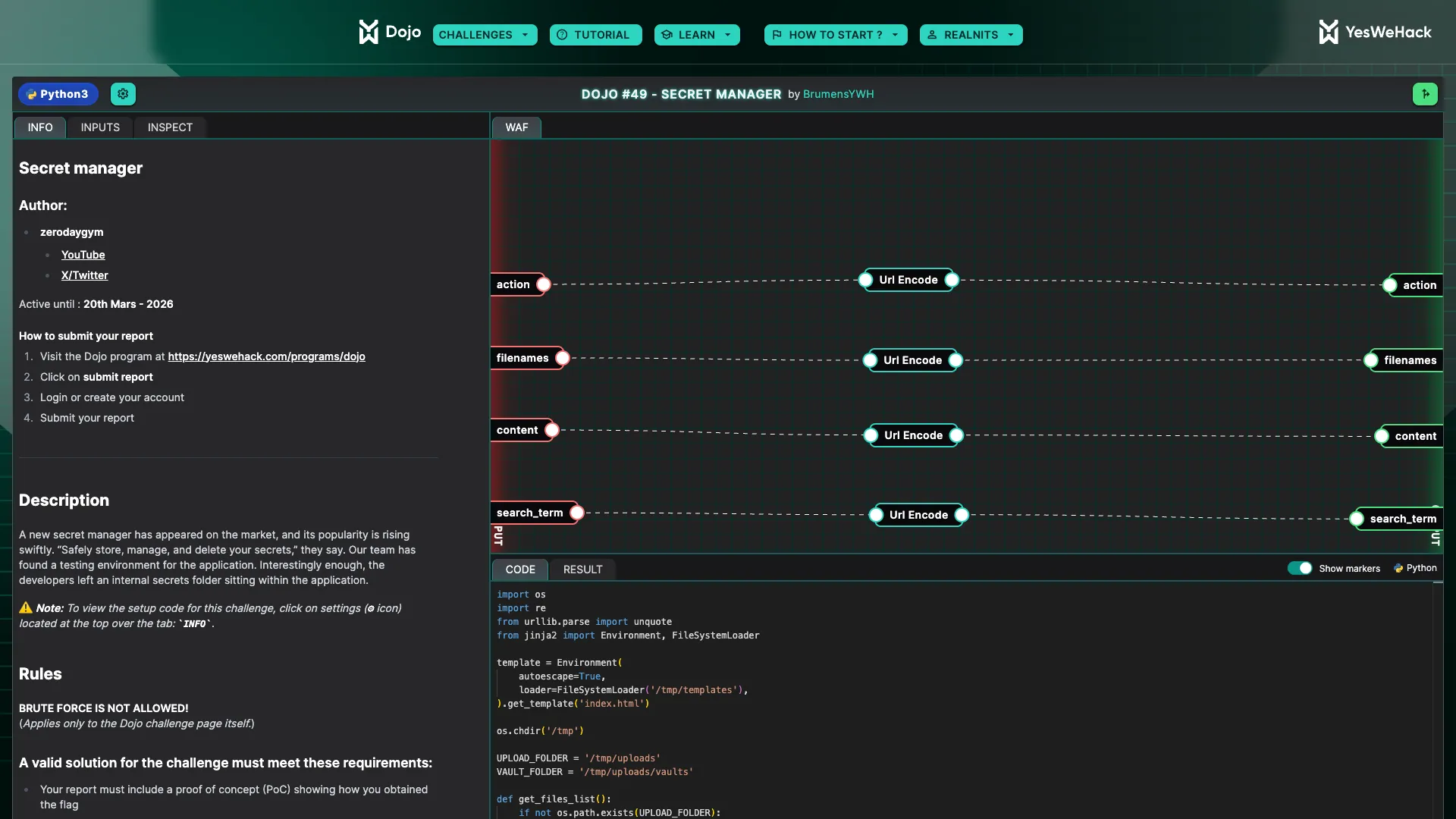 Challenge page overview — Secret Manager with disabled UI buttons