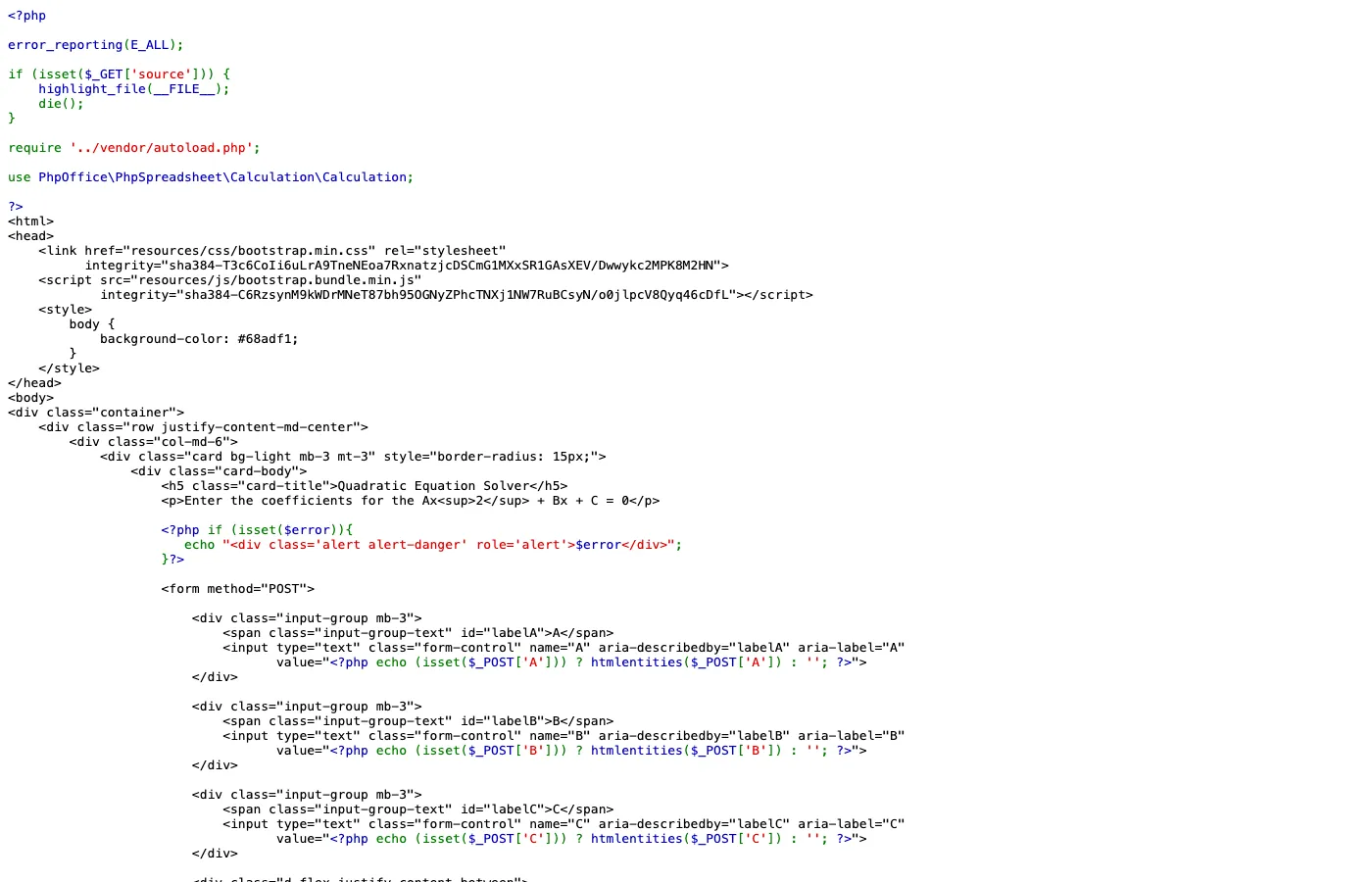 PHP source code revealed via the View Source button