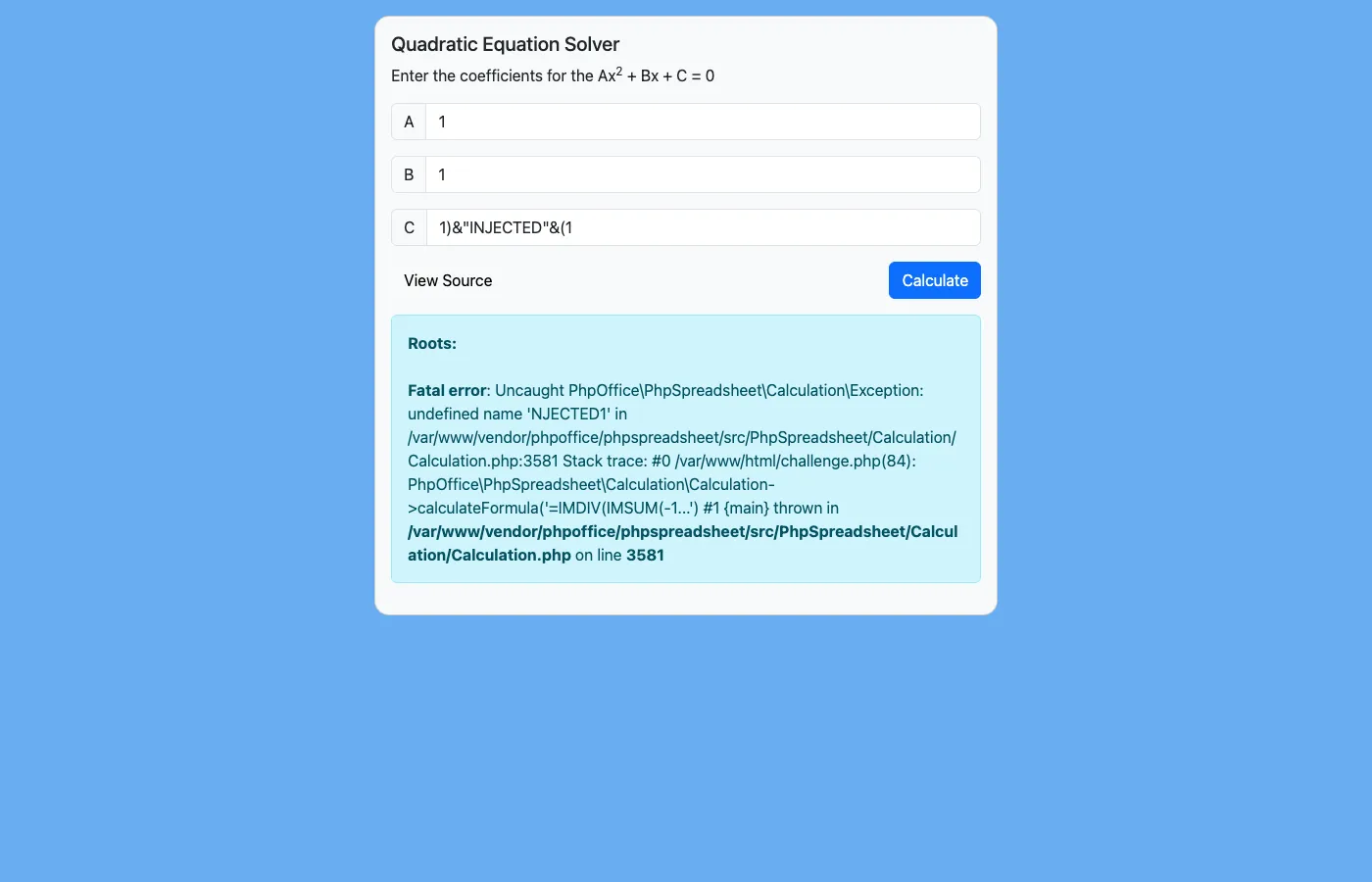 Formula injection test showing PhpSpreadsheet error